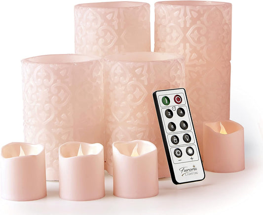 FURORA LIGHTING Pink Rome Real Wax LED Candles with Remote and Timer, 4 Pillar and 4 Votives Pack of 8, Flameless Flickering Candles for Home Décor, Battery Included
