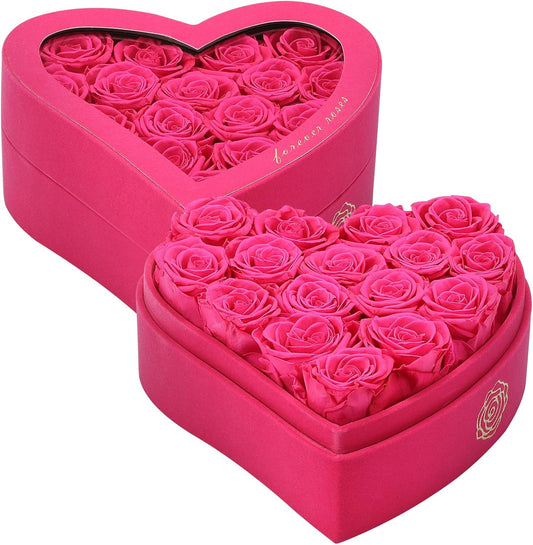 16 Forever Flowers in Heart Shaped Box - Preserved Roses Romantic Gifts for Her, Valentine’s Day, Anniversary, Wedding (Magenta)
