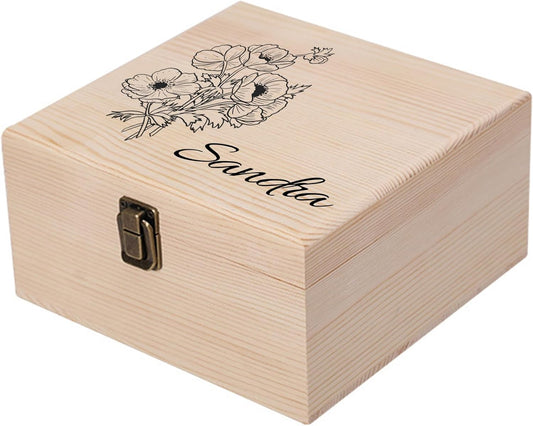 Personalized Wooden Keepsake Memory Box with Birth Flower & Name, Custom Wood Decorative Storage Box with Lids Customized Christmas Gift Box for Women Teen Girls Mom Birthday Gifts