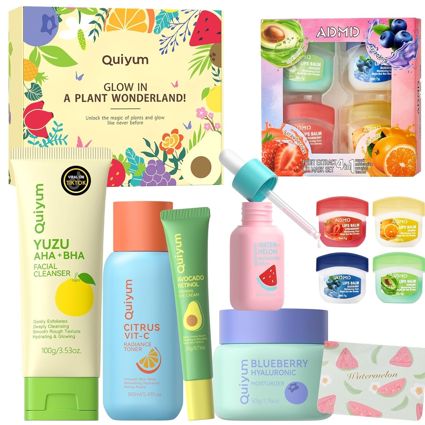 Fruit Skincare, Skin Care Gift Sets, Skin Care for Teens 10-12, with Lip Balm *4, Facial Cleanser, Toner, Serum, Eye & Face Cream, Nourishing, Hydration, Glow Up, Trendy Stuff
