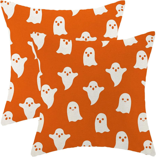 Halloween Pillow Covers Set of 2 - 18x18 Orange Cute Ghost Throw Pillow Covers for Decorative Linen Cushion Case for Home Couch Sofa Outdoor Decor