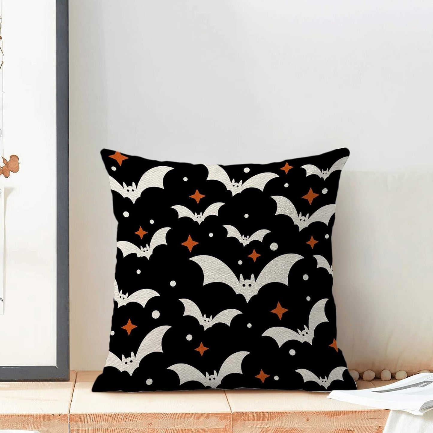 Halloween Pillow Covers 18x18 Pack of 2 Black Beige Bat Throw Pillow Covers Outdoor Decor,Autumn Halloween Decoration Black Pillowcase Farmhouse Linen Decorative Cushion Case for Sofa Couch