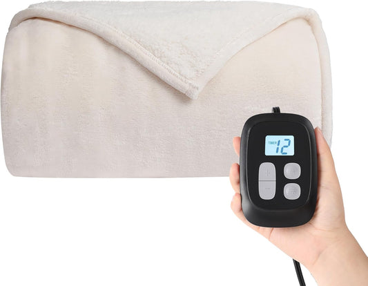 Heated Electric Blanket Queen Size 84''x90'', Dual Controller Soft Flannel with 10 Heat Settings 1-12 Hour Auto Off Large Blanket for Bed - White