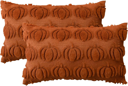 AVOIN colorlife Fall Pumpkin Caramel Throw Pillow Covers, 12 x 20 Inch Seasonal Autumn Thanksgiving Harvest Decoration Soft Plush Faux Fur Jacquard Cushion Case Decoration for Sofa Couch Set of 2