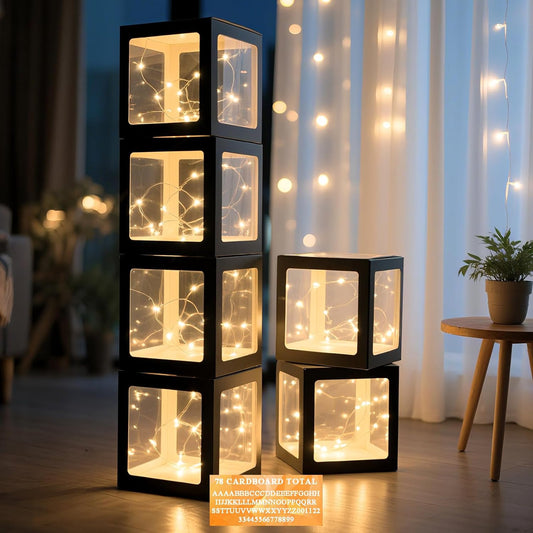 Ledido Transparent Balloon Boxes, Clear Balloon Boxes with 6 Pcs String Lights and 78 Letters for Baby Shower Gender Reveal Grad Birthday Party Anniversary Bridal Wedding Decor - 6 Black Boxes