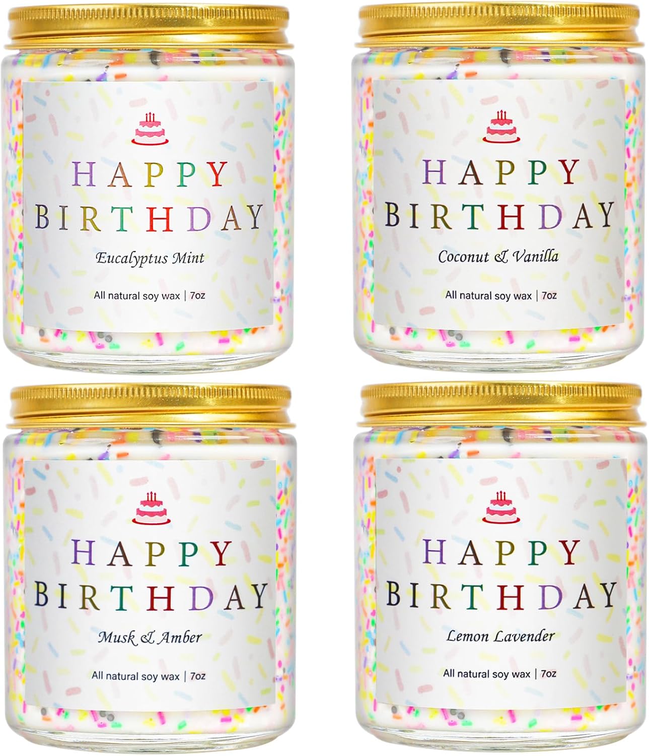 4 Pack Happy Birthday Candles Set,Birthday Candle Gifts for Women, Unique Best Friend Birthday Gifts Ideas for Her and Him, Natural Soy Candle Scent of Vanilla Coconut/Lavender/Eucalyptus Mint - 7oz