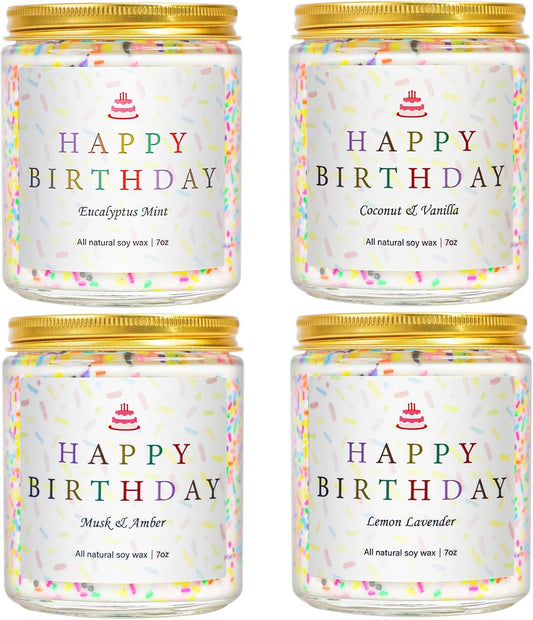 4 Pack Happy Birthday Candles Set,Birthday Candle Gifts for Women, Unique Best Friend Birthday Gifts Ideas for Her and Him, Natural Soy Candle Scent of Vanilla Coconut/Lavender/Eucalyptus Mint - 7oz