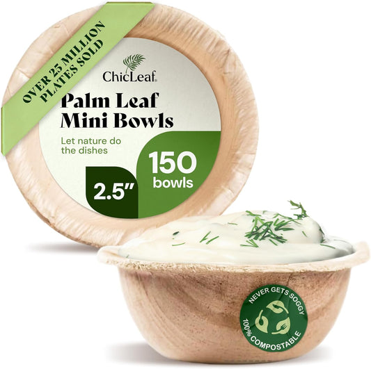 Chic Leaf Palm Leaf Bowls - Mini Disposable Bamboo Bowls for Parties, Event Appetizers - Biodegradable & Compostable Party Supplies (2.5'' Round - 150 Pack)