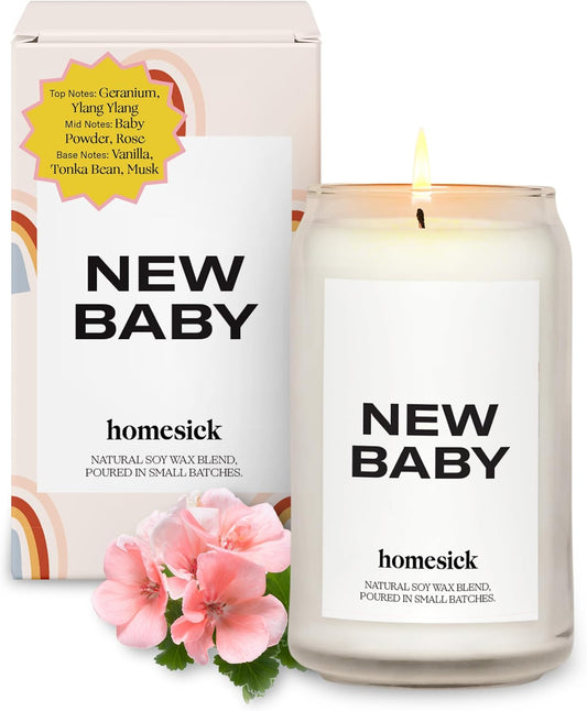 Homesick Scented Candles for Home (New Baby) - 13.75 oz Long-Lasting Natural Soy Wax Blend Jar Candle Gifts & Couples Baby Shower Favors, 60-80 Hours Burn Time - Notes of Geranium & Vanilla