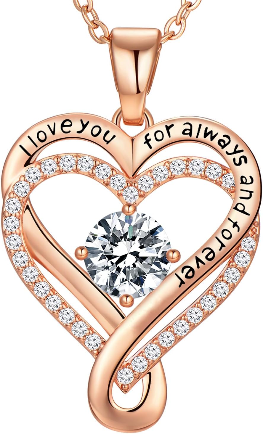 Infinity Heart Birthstone Necklace for Women Wife 18K Rose Gold Plated,Anniversary for Women Wife Her Birthday Gift for Girlfriend Mom Daughters, I Love You Women's Jewelry