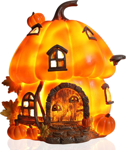 Bdor Fall Pumpkin House Decor with LED Light – 7.5"x6.7"x7.9" Harvest Pumpkin Figurine – Autumn Tabletop Decoration for Thanksgiving, Halloween, Indoor Outdoor Use