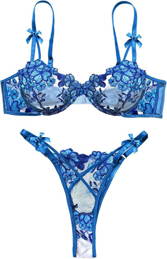 Lilosy Sexy Underwire Cute Push Up Strappy Embroidered Mesh Sheer Lingerie Set See Through Panty Bra