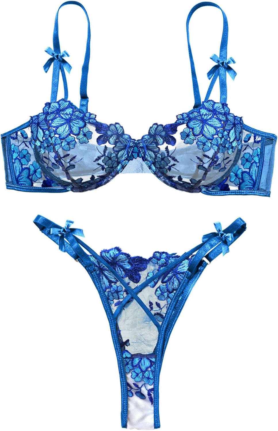 Lilosy Sexy Underwire Cute Push Up Strappy Embroidered Mesh Sheer Lingerie Set See Through Panty Bra