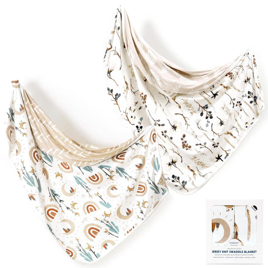 GRSSDER Baby Blankets Super Soft Jersey Knit Swaddle Blanket 2 Pack for Baby Girls and Boys, Double Layer Reversible Receiving Blankets 34 x 44 Extra Large for Swaddling, Rainbow & Beige