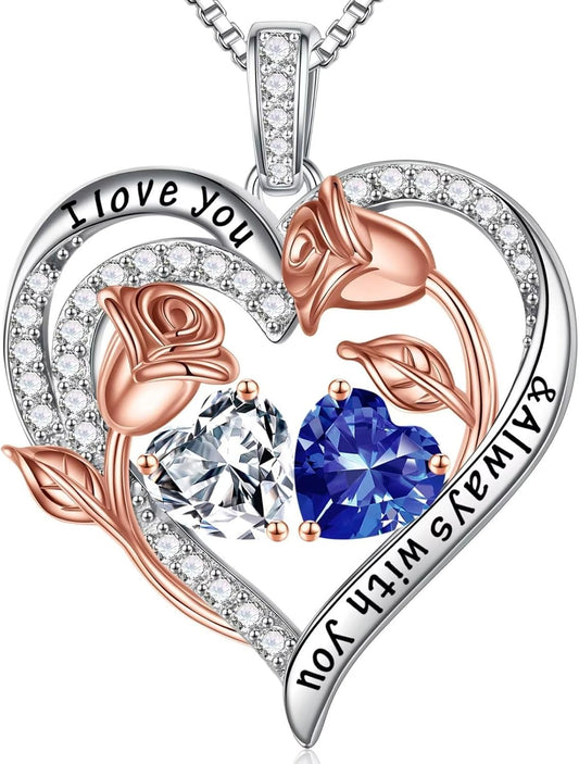 Iefil Birthstone Necklace for Women - 925 Sterling Silver Rose Heart Birthstone Necklace Birthday Anniversary Jewelry Gifts for Her Wife Mom Daughter