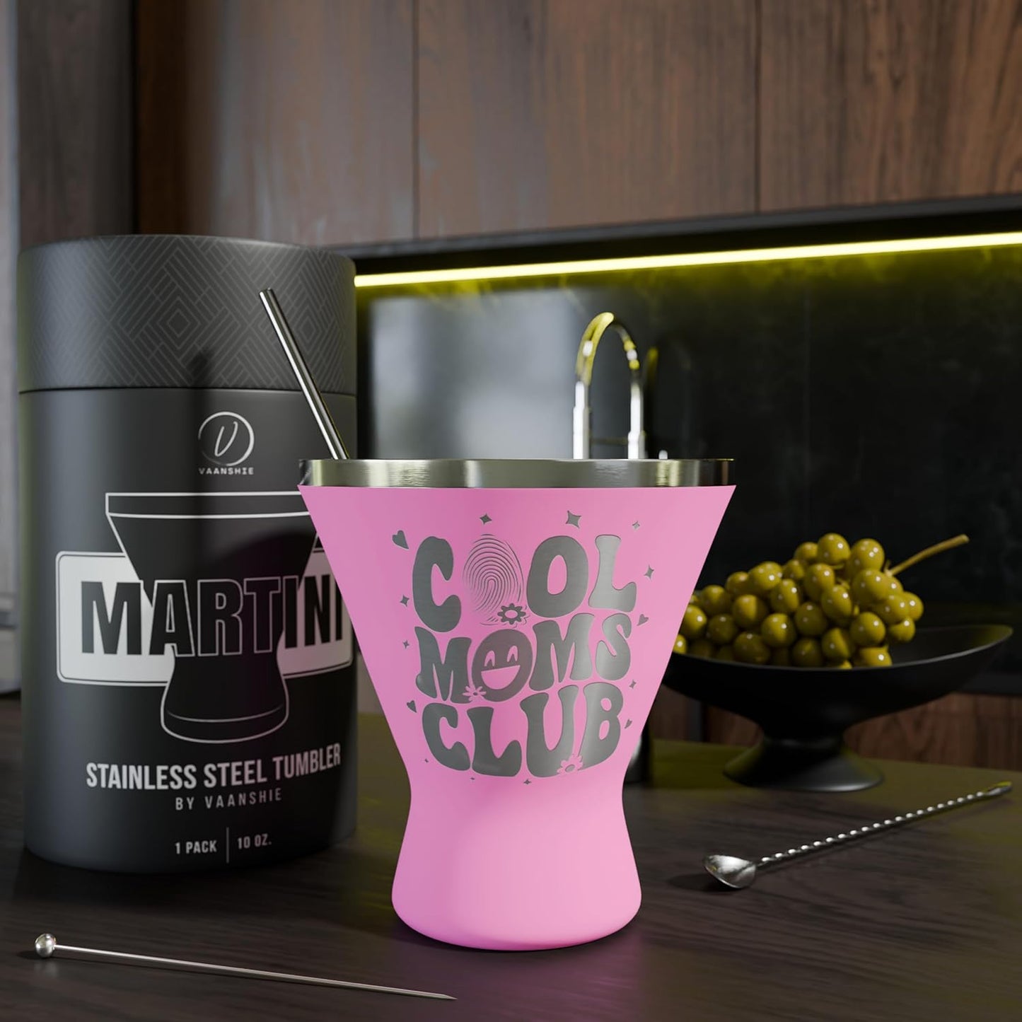 Mothers Day Gifts For Mom - Cool Moms Club Stainless Steel Martini Glass [Pink, 10oz, Pack of 1] - Powder - Coated, Double Wall Margarita Cup - Birthday, Mother's Day, New Mom Gifts for Women