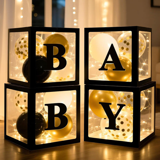 Ledido Baby Boxes with Letters for Baby Shower Decoration, 4 pcs Clear Baby Balloon Boxes Blocks with LED Fairy String Lights 38 Balloons for Boy Girl Gender Reveal Birthday Party (Black)