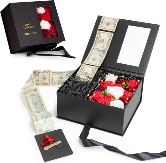 Money Pull Box for Cash Gift - Luxury Money Pull Out Flower Gift Box with Lid Flower and Ribbon, Unique Birthday Gift Box for Wife, Girlfriend, Mother, Friend