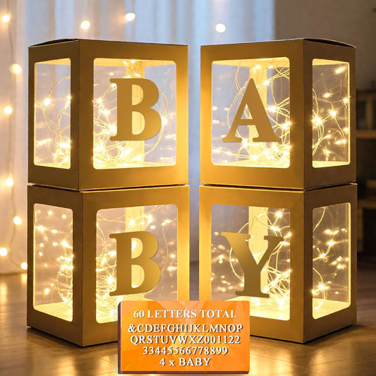 Ledido Baby Boxes with Letters for Baby Shower Decorations, 4 Pcs Transparent Balloon Boxes Blocks with Fairy String Lights, Clear Balloon Boxes for Boy Girl Gender Reveal Party Backdrop (Gold)