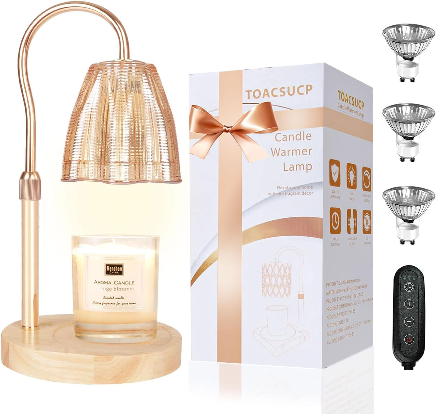 Candle Warmer Lamp with 3 Bulbs, Adjustable Height Dimmable Candle Warmer with Timer, Compatible with Large Jar Candles, Candle Lamp with Charming Gift Box Ribbon for Her/Him