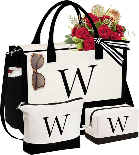 YOOLIFE Initial Canvas Tote Bag & Makeup Bag, Birthday Gifts for Women Mom Sister Friends, Bridesmaid Wedding Gifts