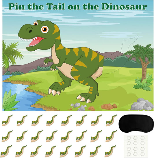 FEPITO Pin The Tail on The Dinosaur Game with 24 Pcs Tails for Dinosaur Birthday Party Supplies, Boys Dinosaur Party Game