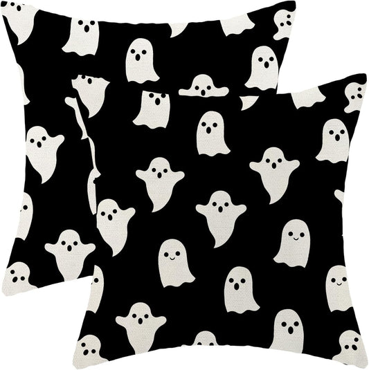 Halloween Decor 24x24 Set Of 2 Black Cute Ghost Throw Pillow Covers - Decorative Linen Cushion Case For Home Sofa & Outdoor Decor