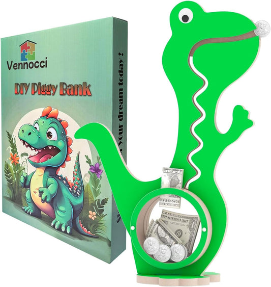 Dinosaur Piggy Bank for Kids Boys Girls, Green Wooden Coin Bank with Large Clear Acrylic Belly, Cute Money Savings Box Toy Gift for Toddlers Birthday Christmas by Vennocci