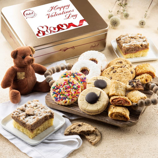 Dulcet Gift Baskets Happy Valentines Love Day Deluxe Bakery Mix of Assorted Cookies and Pastries with Decorative Teddy Bear for Women, Friend, College, Couples, Husband, Wife, Him & Her.