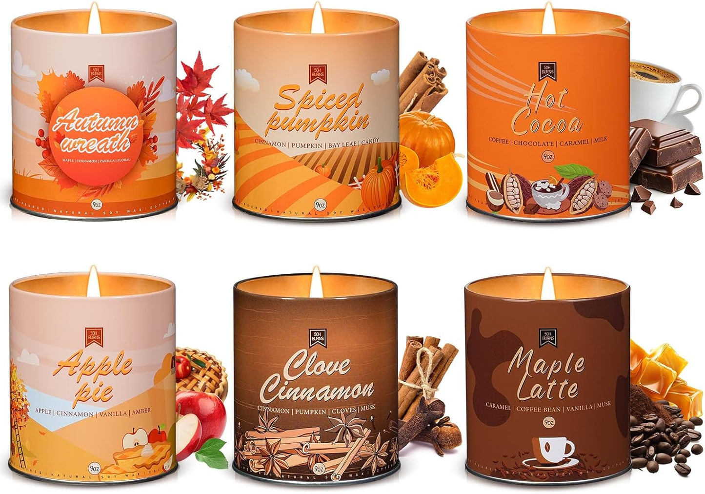 9oz Fall Scented Candles Set of 6 Aromatherapy Soy Wax Decorative Candles Non Toxic for Birthday Halloween Christmas, House Warming Gifts for Women Apple Pie/Autumn Wreath/Cinnamon/Pumpkin/Latte/Cocoa