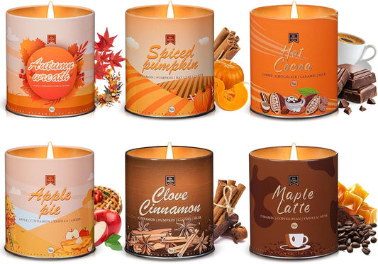 9oz Fall Scented Candles Set of 6 Aromatherapy Soy Wax Decorative Candles Non Toxic for Birthday Halloween Christmas, House Warming Gifts for Women Apple Pie/Autumn Wreath/Cinnamon/Pumpkin/Latte/Cocoa