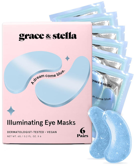 grace & stella Award Winning Under Eye Mask Reduce Dark Circles, Puffy Eyes, Undereye Bags, Wrinkles, Gel Under Eye Patches, Nurse Gifts, Vegan Cruelty-Free Self Care (6 Pairs, Blue)