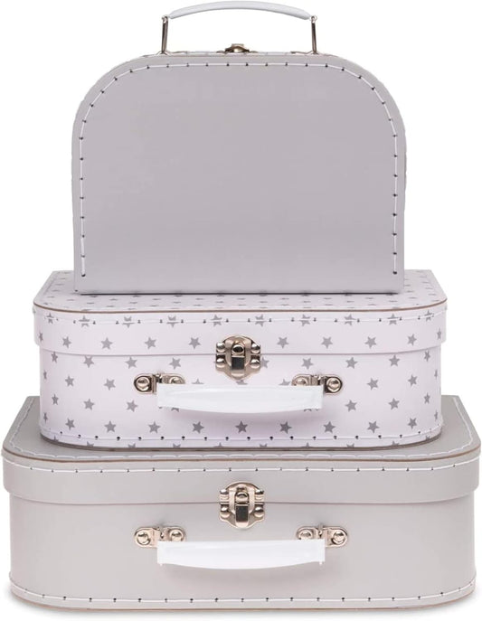 Jewelkeeper Paperboard Suitcases, Set of 3 Vintage Decorative Storage Box, Luggage Decor Storage, Vintage Decor for Birthday, Weddings, Grey Stars Design