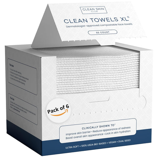 Clean Skin Club Clean Towels XL™, 100% USDA Biobased Face Towel, Disposable Face Towelette, Eczema Association Accepted, Makeup Remover Dry Wipes, Ultra Soft, 300 Ct, 6 Pack