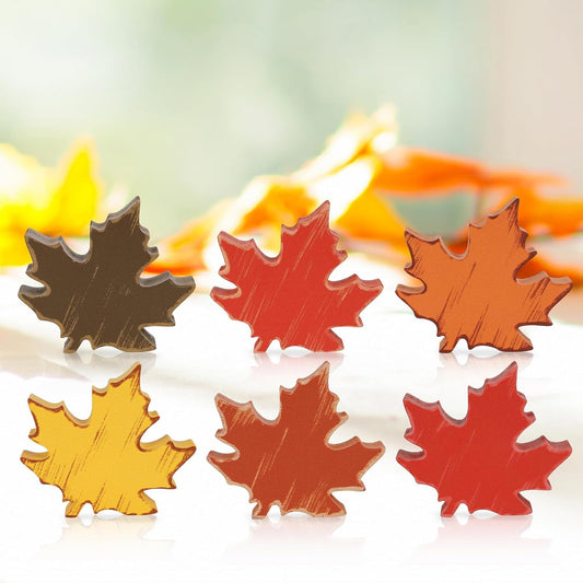 COCHIE Wooden Fall Leaves Decorations for Home Office Indoor, Farmhouse Thanksgiving Table Tiered Tray Decor Set of 6, Vintage Fall Harvest Maple Leaf Block Signs Tabletop Shelf Decoration (Retro)