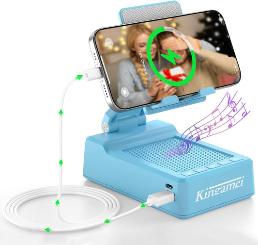 4In1 Cell Phone Stand with Speaker Bluetooth Wireless, Power Bank Foldable Phone Holder, Gifts for Mens Women, Portable Cellphone Holder with Speaker and Anti-Slip Base HD Surround Sound - Blue