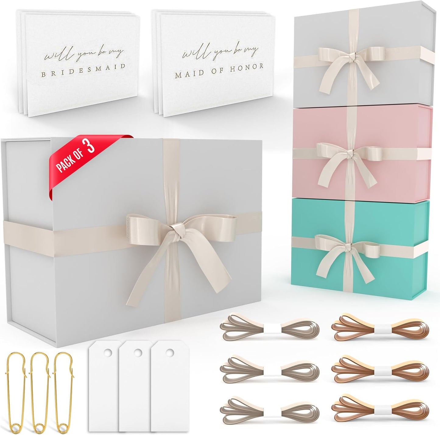 Gift Box Set - Bridesmaids Gifts for Wedding (3 Pack), All Occasions, Bridesmaid Proposal, Magnetic Boxes With Lids, Big Set For Bridal, 13.5 x 9 x 4.5 inches, White GiftBox