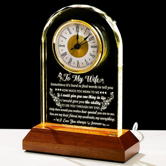 Glass Clock Gifts for Wife from Husband with Wooden Light Base, Personalized Gift for Wife Who Has Everything on Birthday Valentine's Day, Presents for Her on Christmas Home Desk Clock