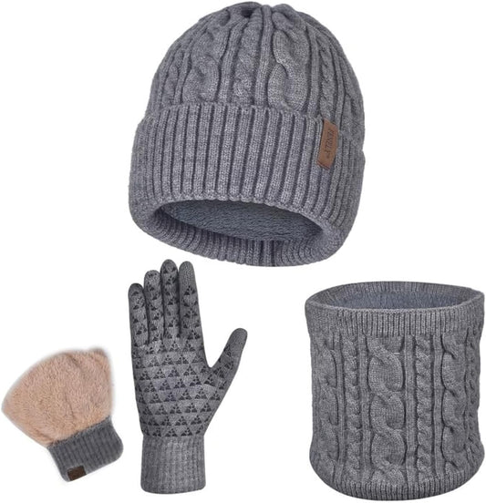 Men Winter Beanie Hat Touchscreen Gloves Scarf Set Warm Fleece Lined