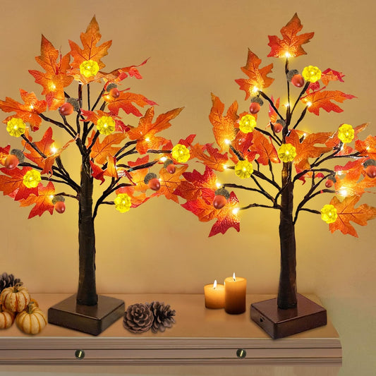 TURNMEON Fall Decor 2 Pack 24 Inch Prelit Fall Maple Tree Thanksgiving Fall Decorations for Home with 48 LEDs Timer Battery Operated Pumpkin Lights 6 Acorn Tabletop Halloween Decorations Indoor Autumn