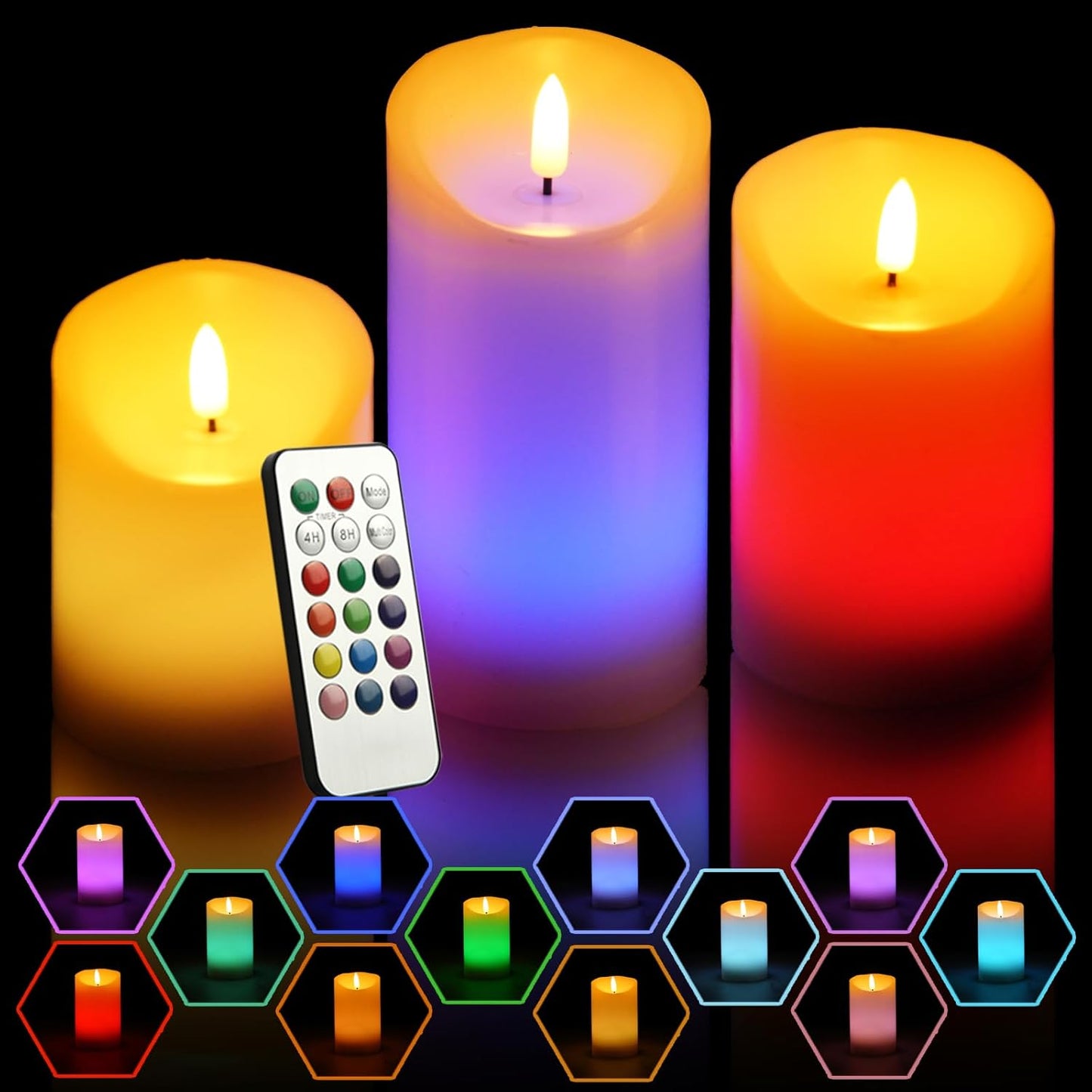 NICEME 3PCS LED Multi Colored Flameless Candles Battery Operated Flickering Flame Color Changing Candles with Remote Control Real Wax Electric Fake Candles, D3” x H4” 5" 6"