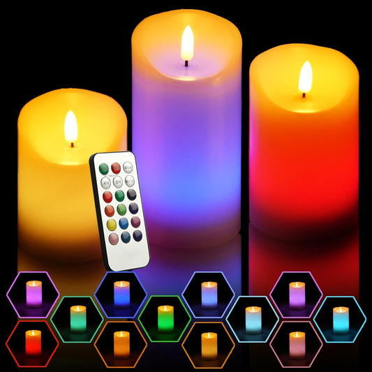 NICEME 3PCS LED Multi Colored Flameless Candles Battery Operated Flickering Flame Color Changing Candles with Remote Control Real Wax Electric Fake Candles, D3” x H4” 5" 6"