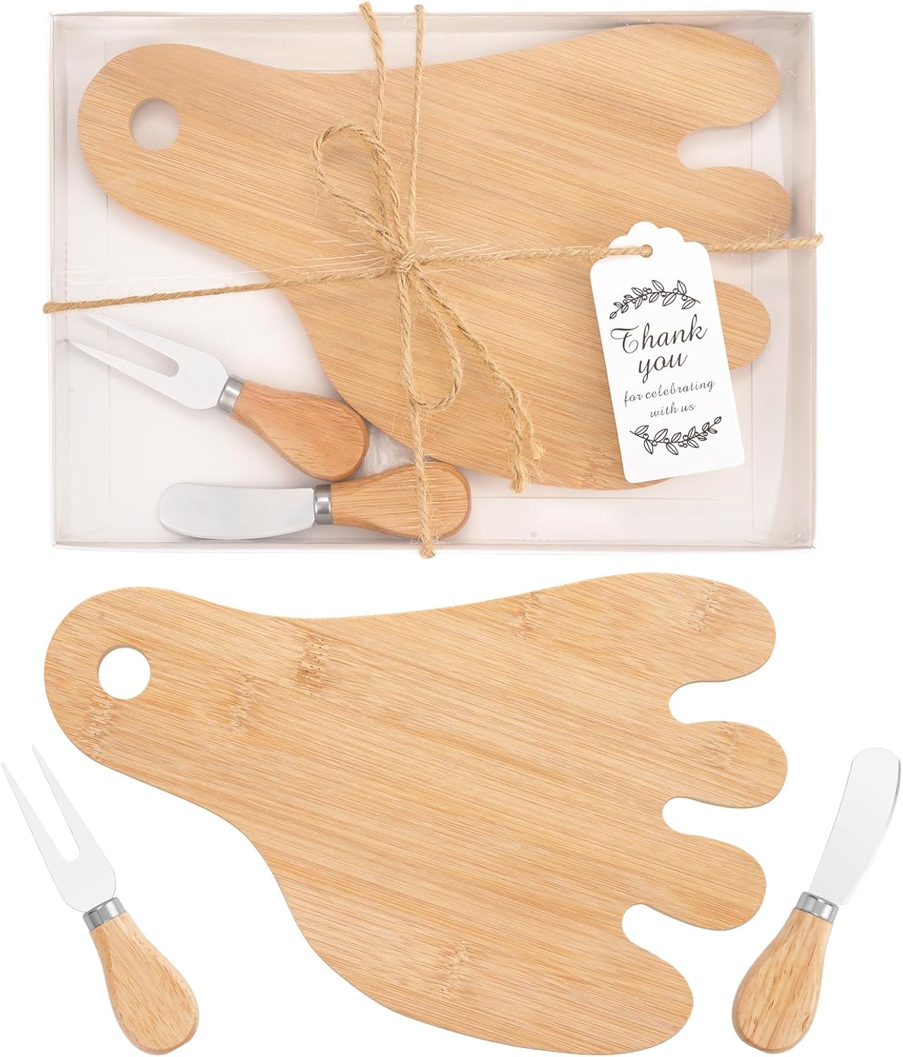 2 Sets Baby Shower Favors Bridal Game Prizes for Winners Wedding Guest Gifts Footprint Bamboo Cheese Board Charcuterie Board Set with Knives and Forks Thank You Card with Gift Box