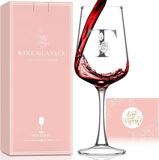 Monogrammed Wine Glass Gifts for Women - Personalized A-Z Wine Glasses with Gift Box & Greeting Card | Custom Mothers day, Anniversary, Birthday Gifts for Her, Mom, Wife, Best Friend, Sister,Woman (T)
