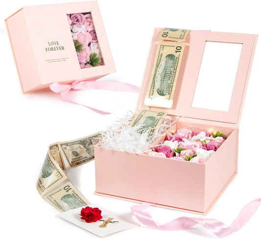 Money Pull Box for Cash Gift - Luxury Money Pull Out Flower Gift Box with Lid Flower and Ribbon, Unique Birthday Gift Box for Wife, Girlfriend, Mother, Friend