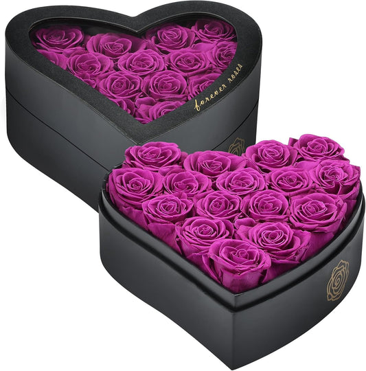 16 Forever Flowers in Heart Shaped Box - Preserved Roses Romantic Gifts for Her, Valentine’s Day, Anniversary, Wedding (Purple)