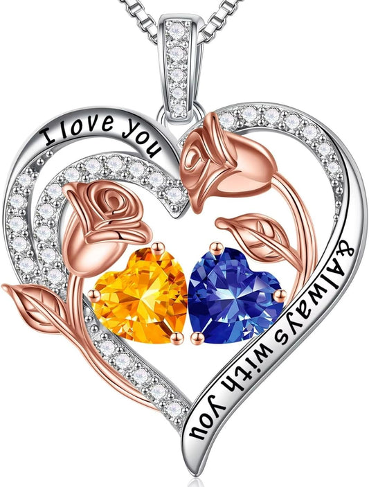 Iefil Birthstone Necklace for Women - 925 Sterling Silver Rose Heart Birthstone Necklace Birthday Anniversary Jewelry Gifts for Her Wife Mom Daughter