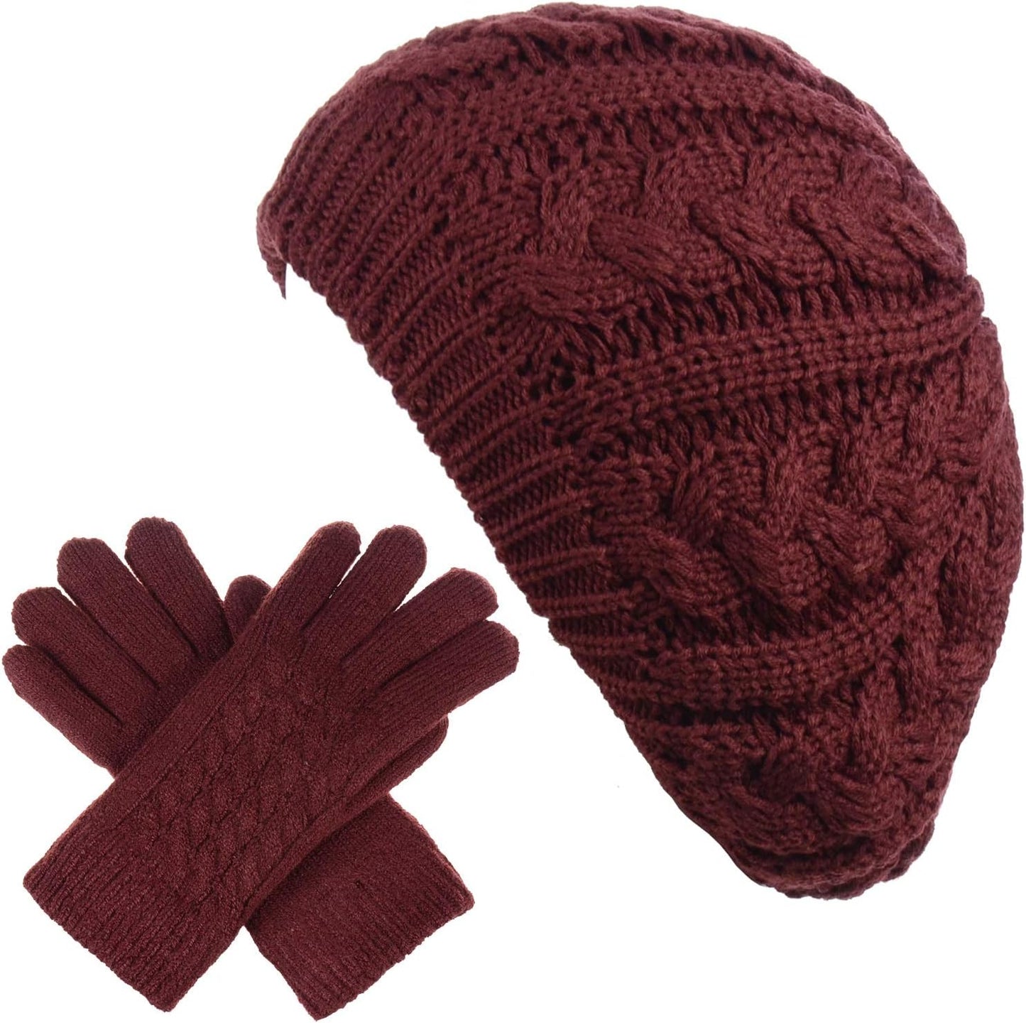 BYOS Womens Winter Cozy Cable Fleece Lined Knit Beret Beanie Hat (Set Available)