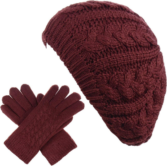 BYOS Womens Winter Cozy Cable Fleece Lined Knit Beret Beanie Hat (Set Available)