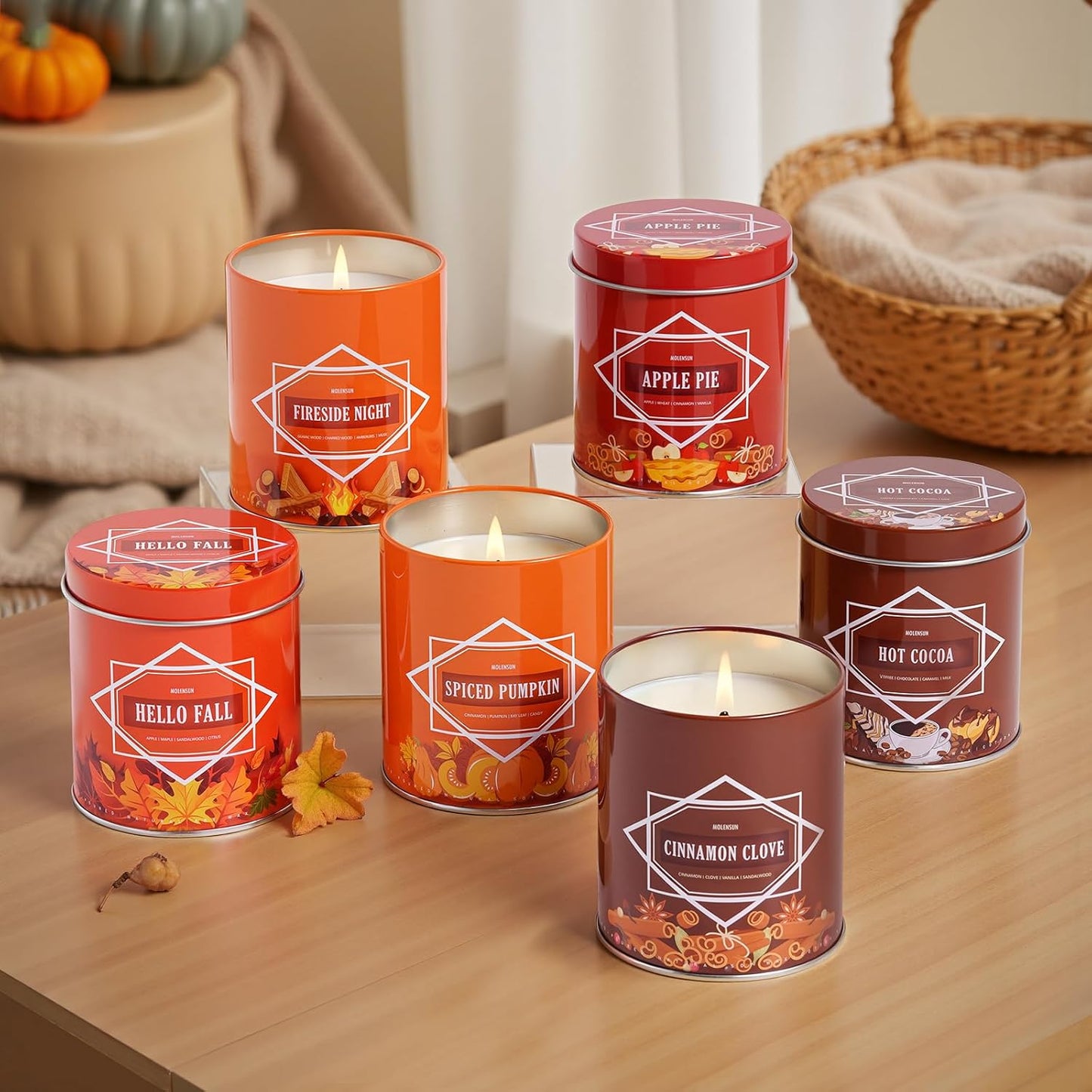 Fall Scented Candles Gift Set – 6 Pack of 9Oz Soy Candles, Autumn Fragrances (Pumpkin Spice, Apple Pie, Hello Fall, Cinnamon Clove, Autumn Hearthglow, Hot Cocoa), Holiday Gifts for Women & Men